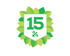 Green price tag label with 15% text designed with an arrow percent icon and stitches on it with leaves isolated on white background. For spring sale campaign.