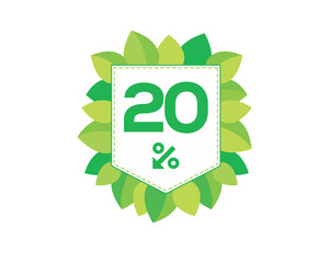 Green price tag label with 20% text designed with an arrow percent icon and stitches on it with leaves isolated on white background. For spring sale campaign.
