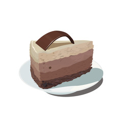 Piece of layered cheesecake with chocolate on a plate.