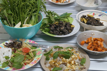 food, healthy, dinner, table, top, view, background, meal, cuisine, eating, lunch, vegetable, plate, wooden, salad, restaurant, cooking, rustic, fresh, meat, dish, vegetables, party, chicken, people