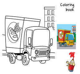 Funny delivery truck. Coloring book. Cartoon vector illustration