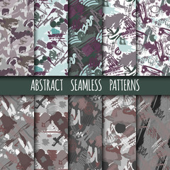 Creative universal different hand drawn seamless patterns endless texture abstract fills surface and colorful geometric military background vector illustration.