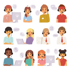 Call center agents cartoon business people with headphones team talking on phone with customers and vector characters customer care operators.