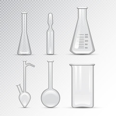 Chemical laboratory 3d lab flask glassware tube liquid biotechnology analysis and medical scientific equipment vector illustration.