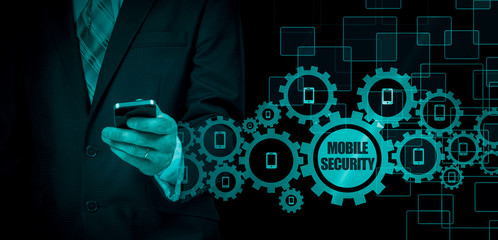 Business concept, businessman with smartphone. Worldwide connection technology. Mobile security.