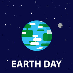 Planet Earth with the moon in space with stars and the inscription Earth Day on blue background