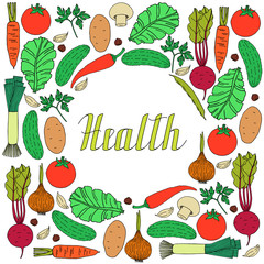 Set of hand drawn vegetables on white background and lettering health inside circle shape