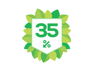 Green price tag label with 35% text designed with an arrow percent icon and stitches on it with leaves isolated on white background. For spring sale campaign.
