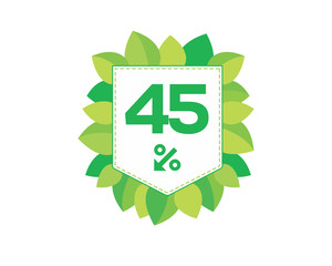 Green price tag label with 45% text designed with an arrow percent icon and stitches on it with leaves isolated on white background. For spring sale campaign.