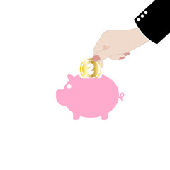 man putting coin into the piggy money