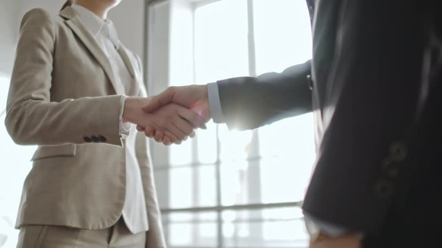Mid-section shot with PAN of businesswoman and businessman in suits shaking hands and discussing work before big window
