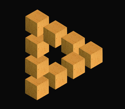 There is a impossible triangle, made from wood cubes. Black background.