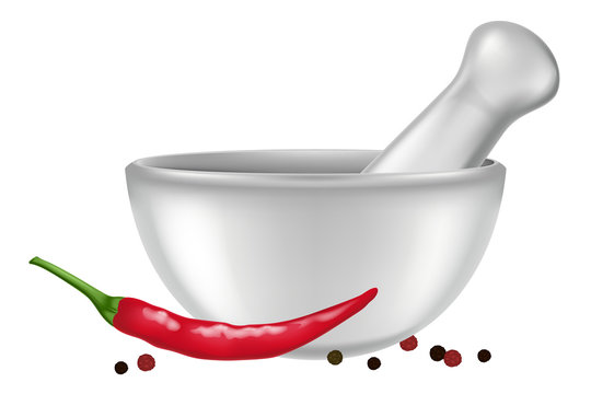 Porcelain Mortar And Pestle With Red Chili Pepper And Peppercorns. Vector Illustration.