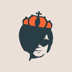 Front view of princess or queen face. Elegant silhouette of a female head. Vector Illustration. Short hair. Monochrome gamma.