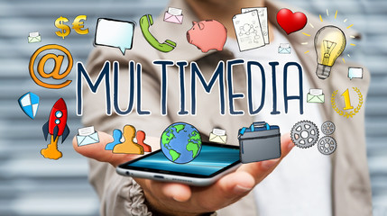 Businessman using hand-drawn multimedia technology presentation