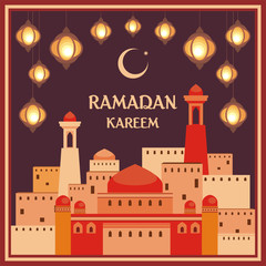 Ramadan greeting card with the image of the beautiful  lanterns and mosque. Vector template