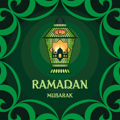 Ramadan greeting card with the image of the beautiful  lantern, mosque and east ornament in Moorish style. Vector template