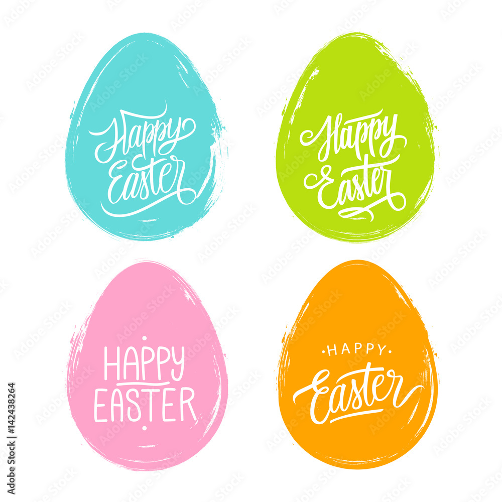 Poster set of color easter eggs with handwritten wishes of a happy easter. vector illustration.