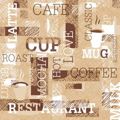 Coffee Themed Seamless pattern. Words, cups of coffee, and creative doodles. Beige and brown gamut. Abstract background for cafe or restaurant brand design. - 142438235