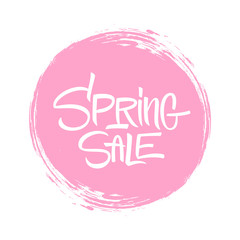 Spring Sale. Special offer banner with handwritten text design and pink circle brush stroke background for business, promotion and advertising. Vector illustration.