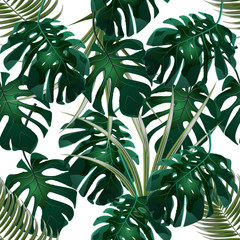 Jungle. Green thickets of tropical palm leaves and monstera. Seamless floral pattern. Isolated on a white background. illustration