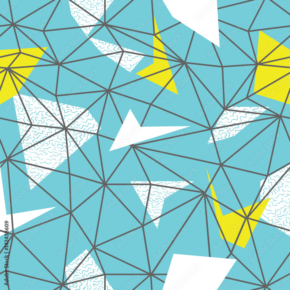 Aufkleber Triangles wire-frame seamless repeat pattern. Triangular facets. Doodles hand-drawn pattern. Vector pattern. Wireframe Background Blue and Yellow Seamless Pattern.