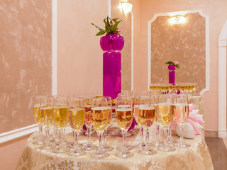 Champagne in glasses on the Banquet tables.