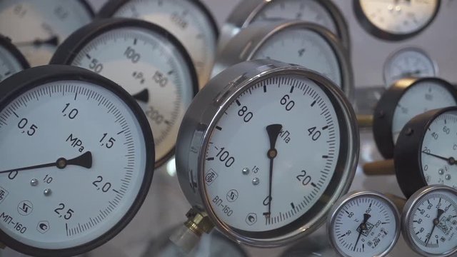 Manometers, water pressure measuring devices. Close-up.
