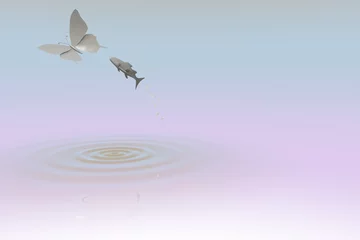 Fototapeten 3D render van vlinder boven water die wordt aangevallen door een vis © emieldelange