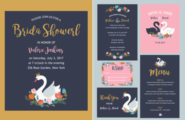 Wedding set with swan illustrations - invitation, save the date, thank you card and menu