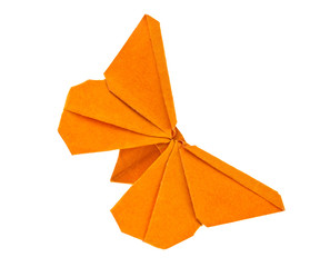 Orange butterfly of origami, isolated on white background. Stock - obrazy, fototapety, plakaty