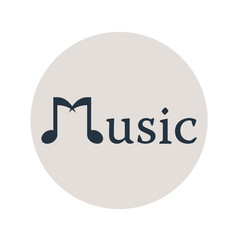 Icono plano texto Music con notas musicales en circulo gris