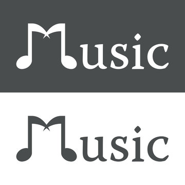 Icono plano texto Music con notas musicales gris y blanco