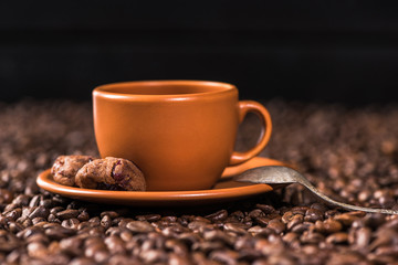 close up view of cup of coffee with cookies on roasted coffee beans