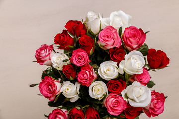 Bouquet of roses background. Wedding natural flowers. Valentines day or 8 march floral gift. Romantic love design.