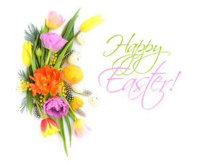 Colorful tulips with easter eggs on white background