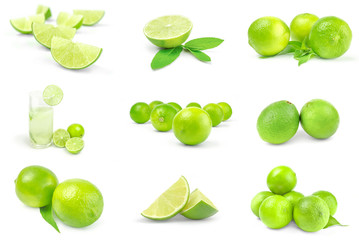 Collage of limes isolated on a white background