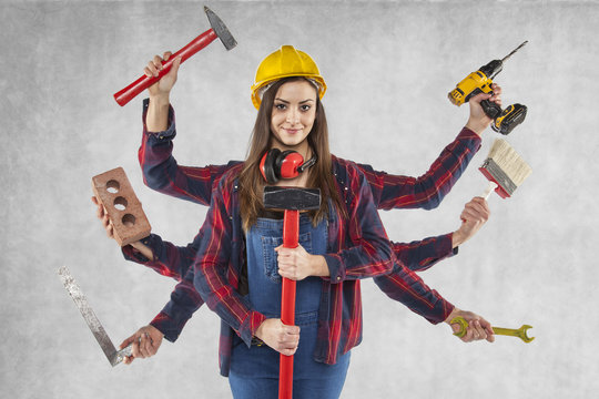 multitasking female worker, many hands 