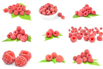Set of raspberry with leaf close-up on white