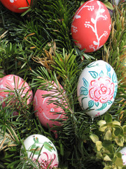 Easter Background. Easter Eggs decorated by children in the kindergarten