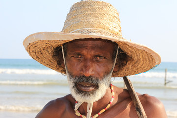 Portrait of traditional fisherman near Galle in Sri Lanka.