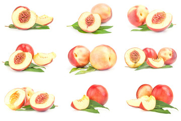 Set of fresh peaches fruits close-up on white