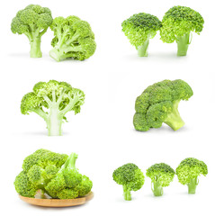 Collage of fresh green broccoli on a white background