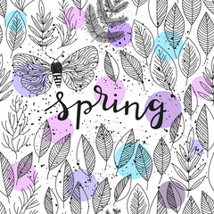Spring lettering and leafs frame vector