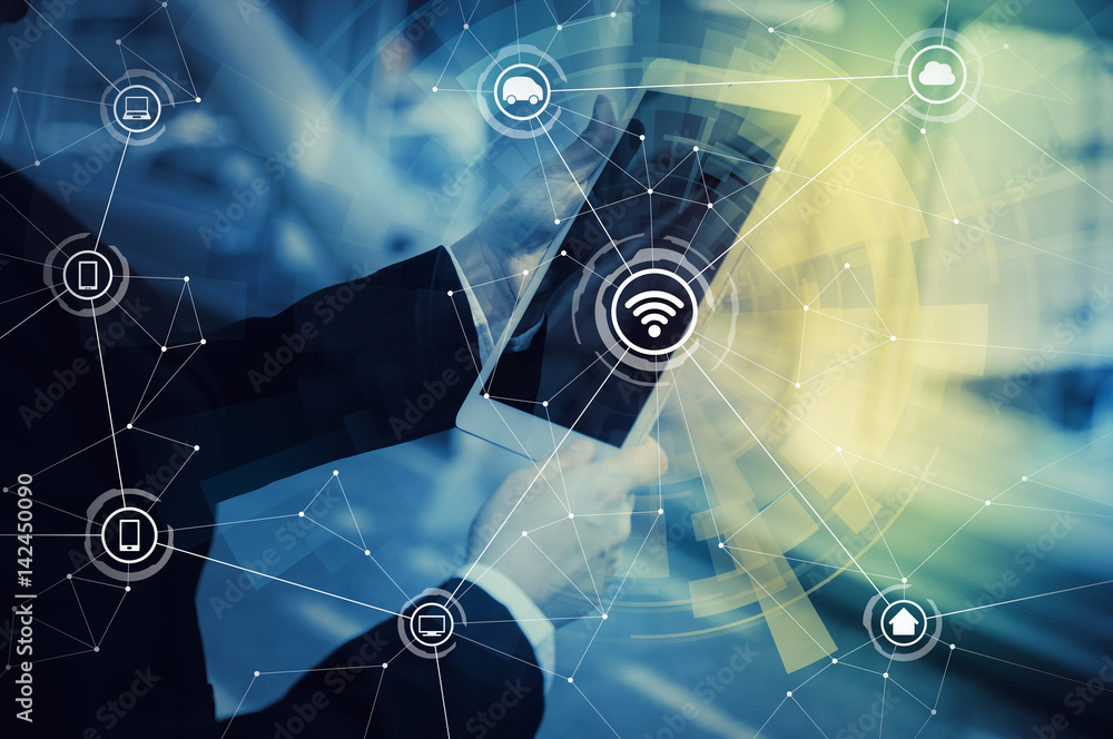 Poster Tablet PC and wireless communication network, IoT(Internet of Things),CPS(Cyber-Physical Systems), ICT(Information Communication Technology), abstract image visual