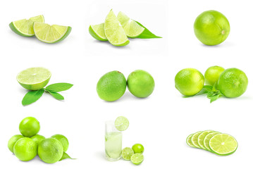 Set of limes isolated on a white background cutout