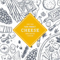 Cheese collection top view illustration. Antipasto table background.	