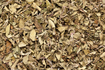 Dried Organic Oregano (Origanum vulgare) for Tea. Macro closeup background texture. Top view.