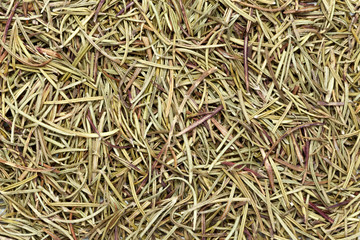 Dried Organic Rosemary (Rosmarinus officinalis). Macro closeup background texture. Top view.