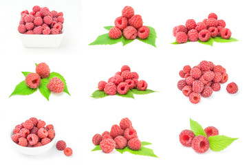 Set of ripe red raspberries close-up on white